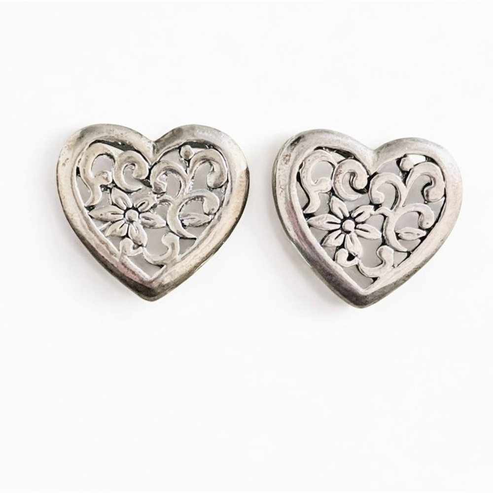 Silver Floral Heart Stud Earrings
